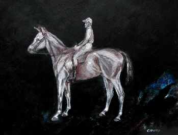 horse art . Painting of a race horse and jockey by T J Conway
