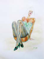 art poster of blonde womna in blue stockings  and stilettos 