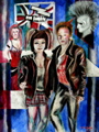 pop art style painting of punk rock music fans,  illustrating hair styles, leather jackets, & tartan clothing by T J Conway