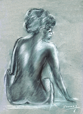 drawing of a seated  female titled The actress, charcoal .